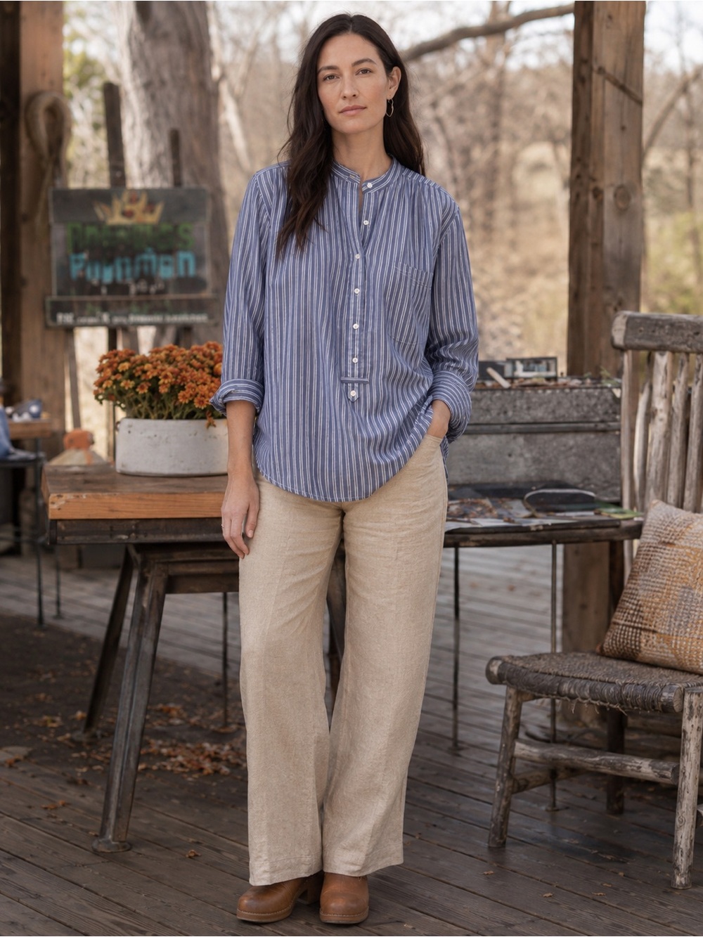 Sundance Blue & White Striped Cotton Popover Tunic Shirt Size XS